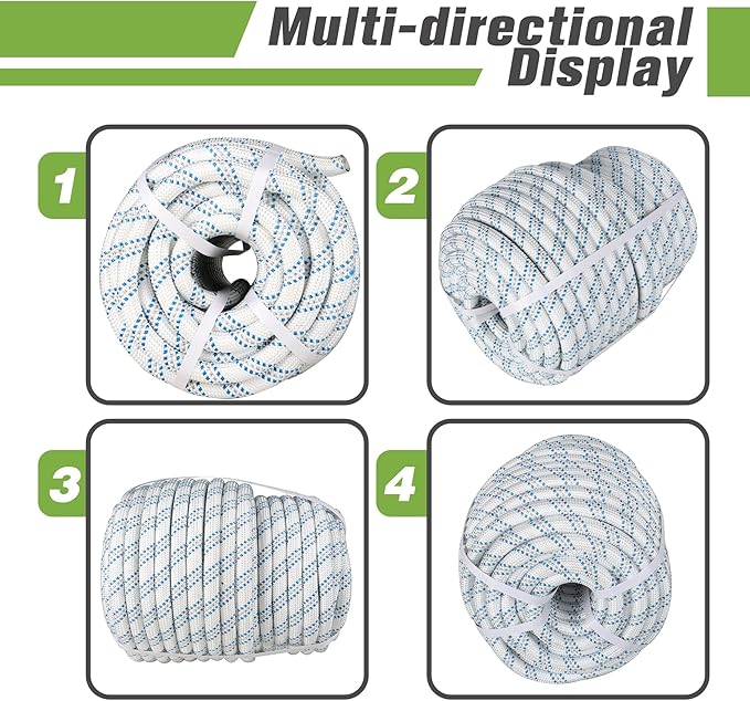 High Strength Braid Cord Nylon Pulling Rope Polyester Rope Multipurpose Bull Arborist Rigging 3/4in x 150ft White Grey Blue