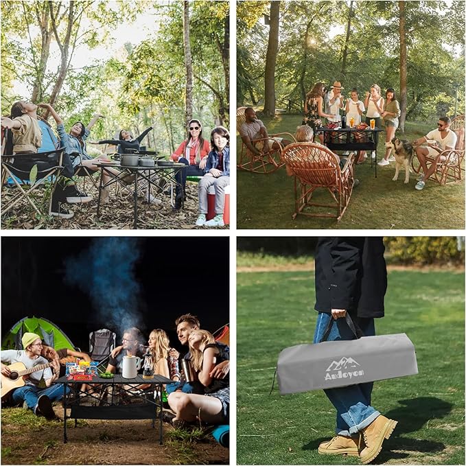 Folding Camping Table, Outdoor Roll-up Table Height Adjustable & Portable Metal Camp Grill Table for Picnic, BBQ, Party, Backyard, Beach, Mesh Storage and Carry Bag (Ash Black, 47.24'' X-Large)