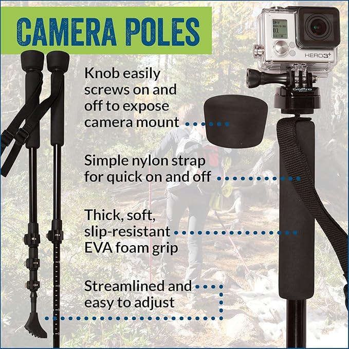 York Nordic PRO Collapsible 4 Piece Trekking/Walking Poles - Pair of monopod Poles w/3 flip Locks, Detachable Rubber feet, and GoPro Camera Mount Black