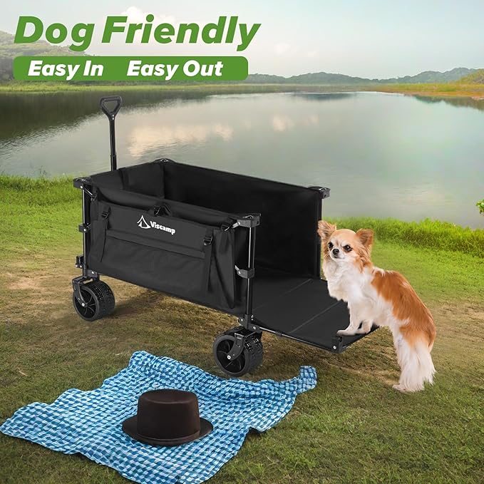 300L Utility Wagon, 440lbs Wagons Carts Foldable Capacity Beach and Garden Cart with Big Wheels for Sand, Elastic Rope for Groceries, Moving, Camping - Black