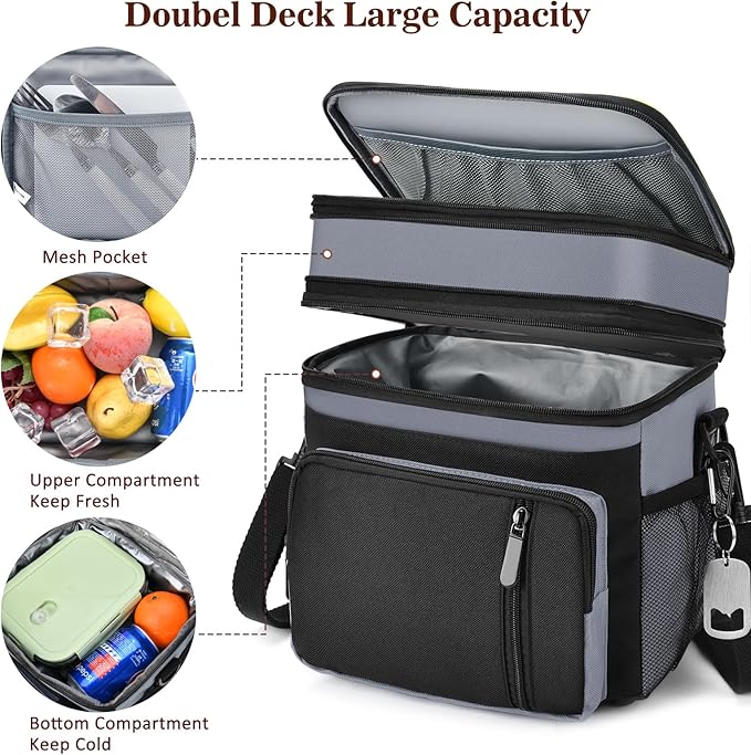 LOKASS Lunch Bag & Lunch Box for Men Women - Double Deck Expandable Insulated Waterproof Leakproof Cooler Bag for Work/Picnic - Grey