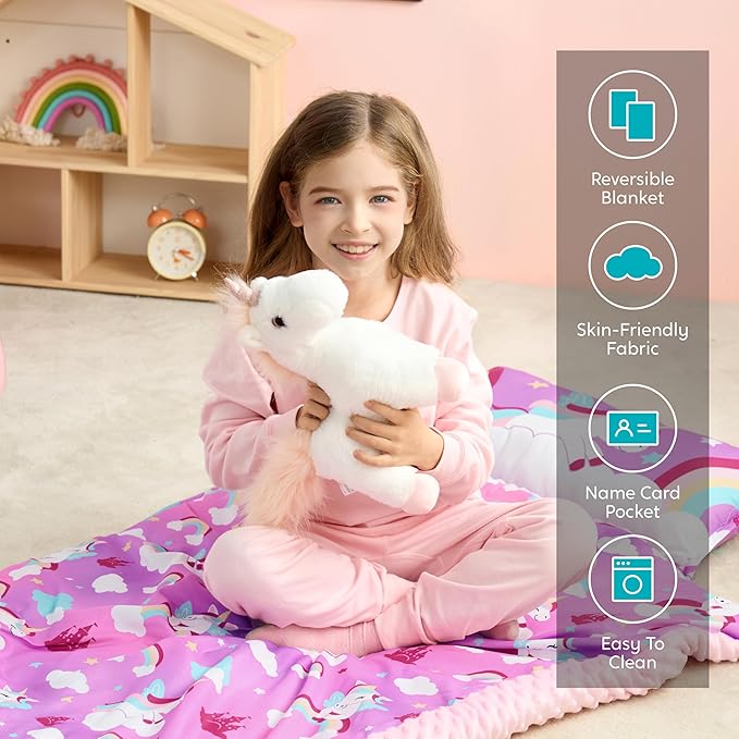 JOIEDOMI Toddler Nap Mat for Preschool 55''x30'' Sleeping Mat with Removable Pillow and Minky Blanket for Kids Ages 3-7 Roll Up Soft Kids Sleeping Bag for Boys Girls Kindergarten Daycare Sleepover