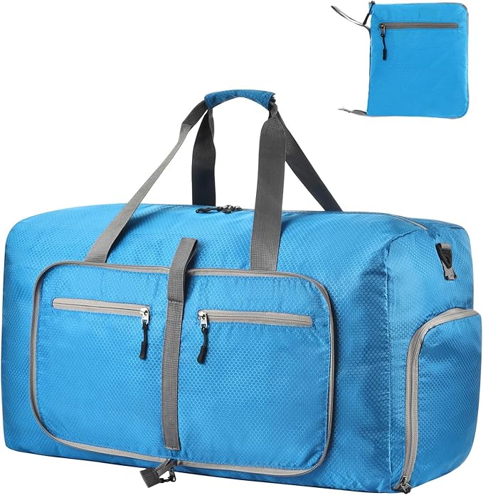 Dimayar Travel Duffle Bag for Men Women - Foldable Duffel Bag with Shoes Compartment - Overnight Bags Waterproof & Tear Resistant(65L,Light Blue)
