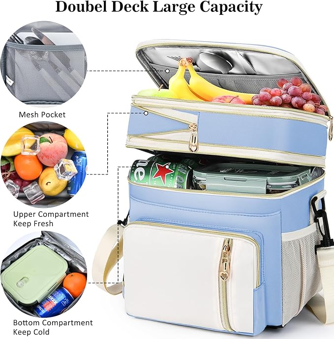 LOKASS Lunch Box for Women, 16L, Double Deck Expandable Insulated Lunch box For Adults/Women Thermal Large Waterproof Leakproof Cooler Bag with Shoulder Strap - Sky Blue