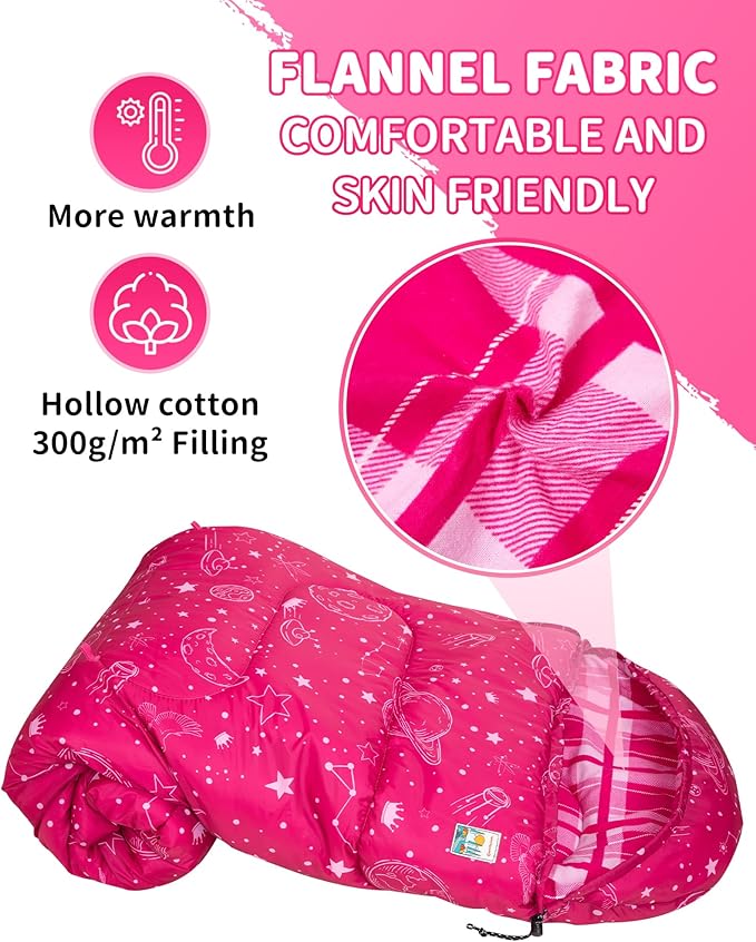 KingCamp 45°F Kids Sleeping Bag, Lightweight Waterproof & Compact Flannel Sleeping Bags Cold Weather & Warm Youth Essentials Gear Accessories for Camping, Fits 10-12 Children up to 5'5" Tall