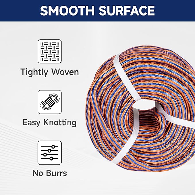 Arborist Tree Rope, 1/2inch by 150FT, 12 Strand Bull Rope up to 8000lbs Tensile Strength, Blue and Orange