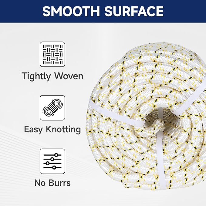 Arborist Tree Rope, 3/4inch by 150FT, 24 Strand Bull Rope up to 44KN Tensile Strength, White, Yellow, Black