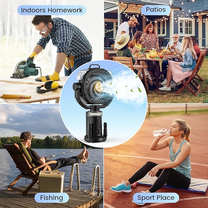 Camping Fan Rechargeable 330ml Portable Misting Fan 20000mah Battery Powered With Led Light Height Adjustable Remote Hook Oscillating Floor Outdoor Fan For Camping Patios, 2 Spray Mister, Black