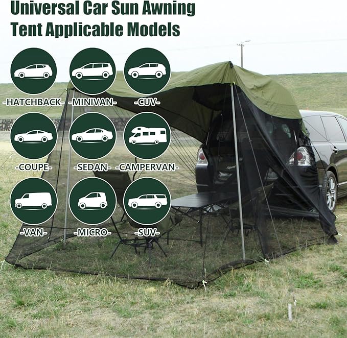 SUV Tailgate Tent - Car Awning with Mosquito Net, Ventilation & Airflow Design - 9.5FT X 6.5FT X 6.5FT (LxWxH) Army Green