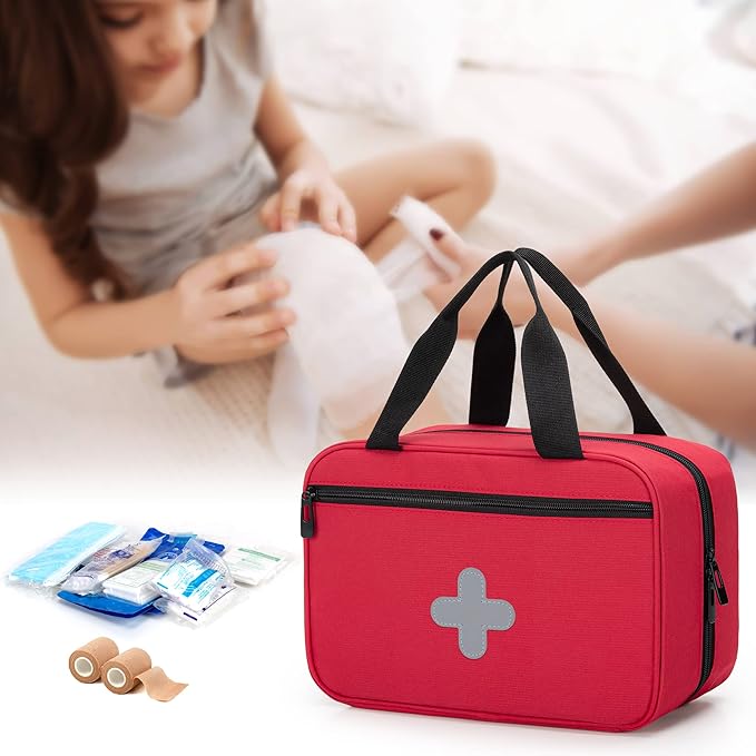 CURMIO Small First Aid Bag, Empty Emergency Trauma Kit Organizer Bag for Hiking, Camping, Car, Travel, Home and Outdoor, Red, BAG ONLY, Patent Pending