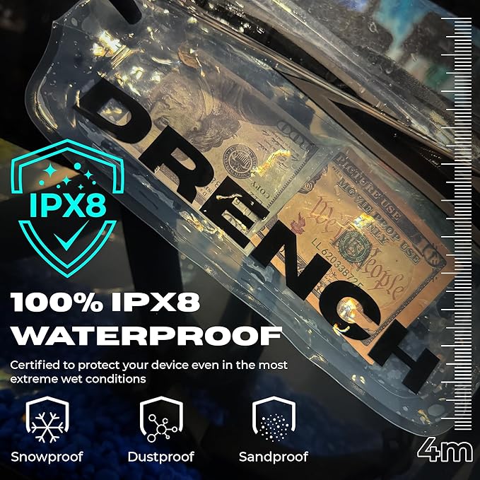 DRENCH 100% Waterproof Bag, Touchscreen Fanny pack, Transparent Cell Phone Case for Beach Essentials, IPX8 Underwater Pouches with Convertible Straps for Swimming and More, Fits iPhone Pro Max 15 SUP