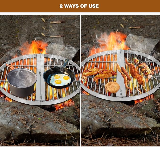 REDCAMP Foldable Fire Pit Cooking Grill Grate 17 Inch, Campfire BBQ Grill with Portable Handle & Support Wire, Heavy Duty Stainless Steel Round Campfire BBQ Grill for Outdoor Picnic Party & Gathering