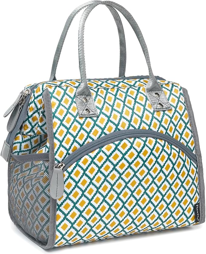 FlowFly Insulated Lunch Bag for Women, Men, Large and Reusable, Handle, Work and Travel Tote and Meal Prep Organizer, Square