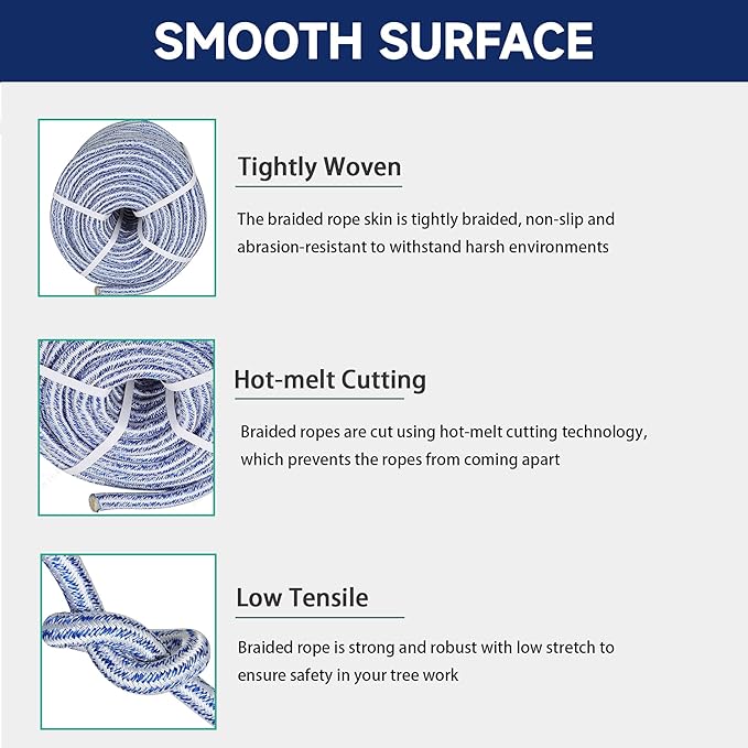 Arborist Tree Rope, 3/4inch by 200FT, 24 Strand Bull Rope up to 20000lbs Tensile Strength, Blue and White