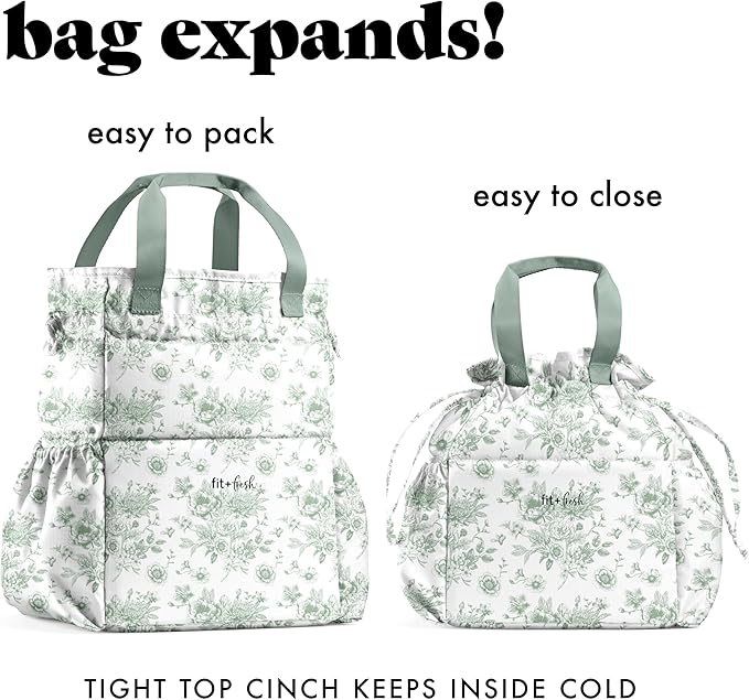 Fit & Fresh Lunch Bag For Women, Insulated Womens Lunch Bag For Work, Stain-Resistant Large Lunch Box For Women With Containers, Cinch Closure Cromwell Bag, Sage Floral Toile