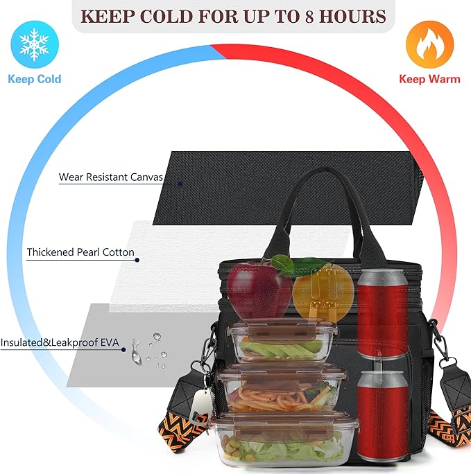 LOKASS Lunch Box for Men/Women-16L-Insulated Lunch Bag, Expandable Double-layer Leakproof Cooler Bag with Upgrade Adjustable Shoulder Strap Ideal for Work/Travel/Picnics（Black）