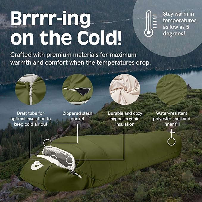 Retrospec Dream Sleeping Bag - 5, 15, 30 Mummy for Camping, Insulated Cold Weather, Lightweight Stuff Sack, Water-Resistant, Adjustable Draw Cords, Adult