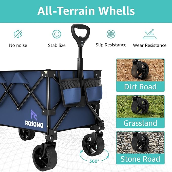 Folding Wagon Cart with Wheels Foldable - Collapsible Wagons Carts Heavy Duty, Fold Up Portable Utility Wagon for Grocery Beach Sports Fishing Camping Shopping Navy