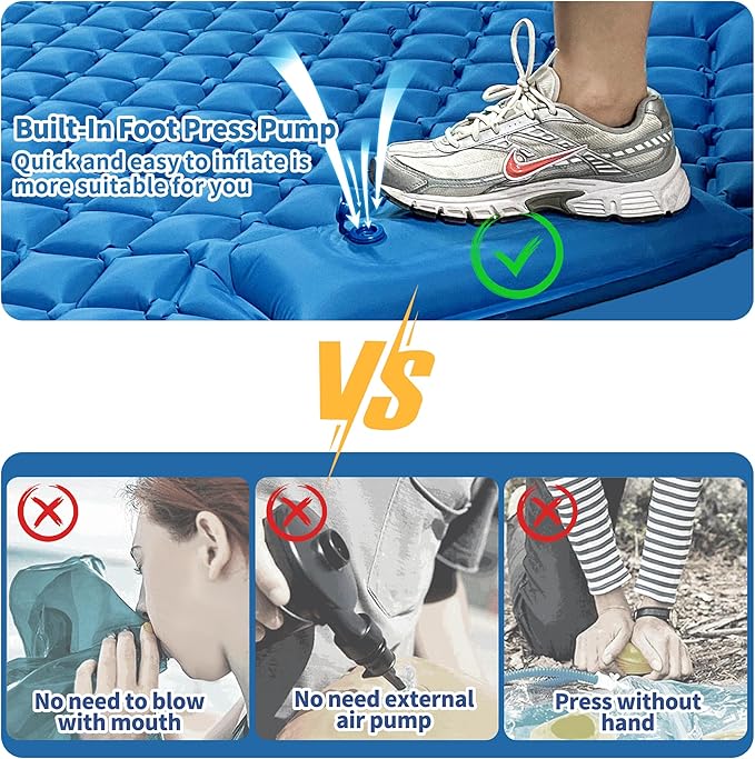 Double Sleeping Pad for Camping, 2 Person Ultralight Inflatable Sleeping Mat with Pillow and Built-in Foot Pump, Portable Camping Mattress for Tent, Backpacking, Hiking, Traveling（Blue