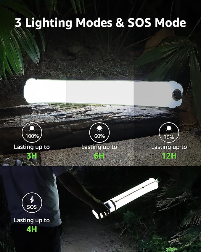 Solar Camping Lights Rechargeable, 3 Lighting Modes, IP66 Waterproof Inflatable Lamp for Hiking, Backpacking, Survival, Collapsible Tent Lights for Camping, Portable Lanterns for Power Outage