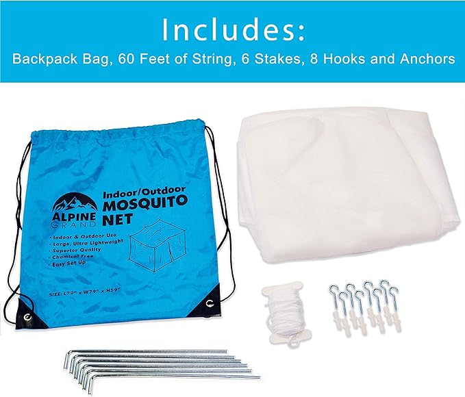 Premium Mosquito Net for Double Bed, crib, hammock or camping by Alpine Grand, Full hanging kit with extra-long strings and 8 hooks, Free Carry Bag
