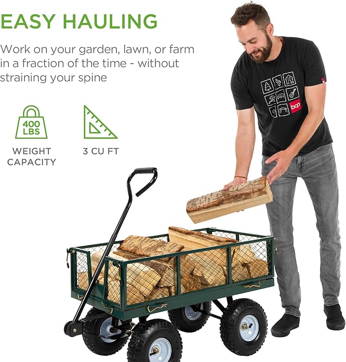 Best Choice Products Utility Garden Cart Wagon for Lawn, Yard w/Heavy-Duty Steel 400lb Weight Capacity, Removable Sides, Long Handle, 10in Tires - Green