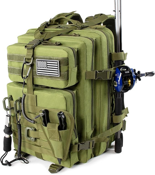45l Large Fishing Tackle Backpack with Removable Plier Holder & Rod Holders, Green Tactical Bag, Fishing Gear and Tackle Box Organizer, Hiking Rucksack without Tackle Box