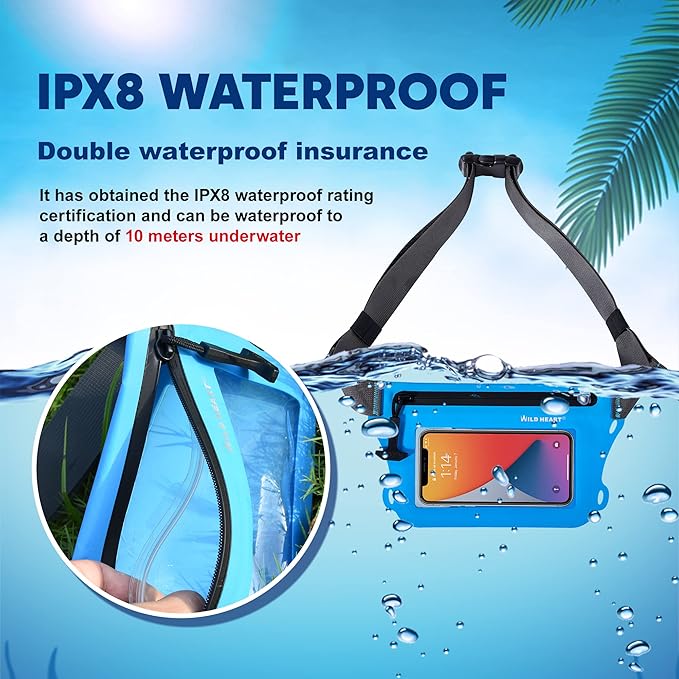 WILD HEART Waterproof Waist Bag IPX8 with Adjustable Waist belt Screen Touchable Dry Bag Double Inner Pocket for Swimming Diving Floating Rafting Boating