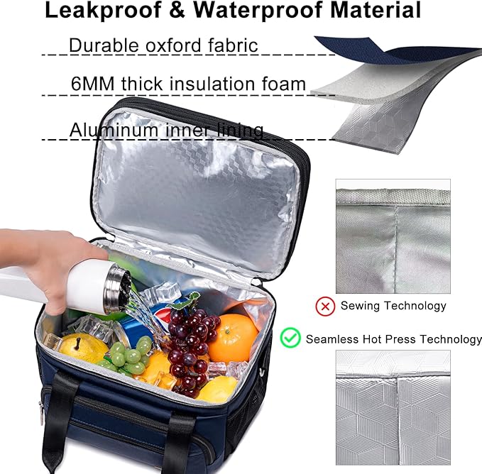 Weitars Insulated Lunch Box for Women Men-Dual Compartment Waterproof Reusable Large Lunch Bag Wide-Open Tote Cooler Bag for Working Picnic Hiking (15L) (Blue)