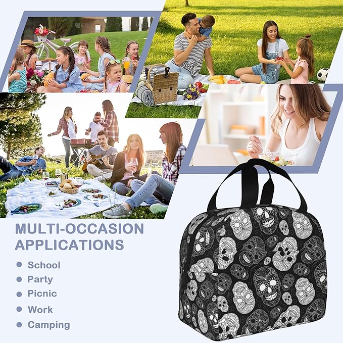 Insulated Lunch Bag, Black and White Skull Head Lunch Box for School Student Kids Boys Girls,Leakproof Small Lunch Tote for Adult Men Women,Reusable Lunch Cooler Tote Bag for Office Work Picnic