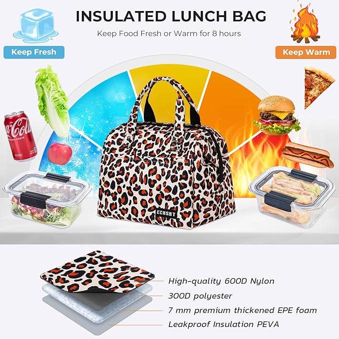 ECHSRT Large Insulated Lunch Bag for Women Men Leakproof Cooler Lunch Tote Bags for Work Travel Adult Thermal Lunchbox for Office -10L Leopard Print