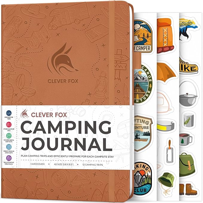 Clever Fox Camping Journal – Camper Log Book & RV Trip Planner – Outdoor Camp Journal & Adventure Travel Notebook – 12 Trips Total, 8 Pages per Trip – Hardcover, A5 Size (Brown)