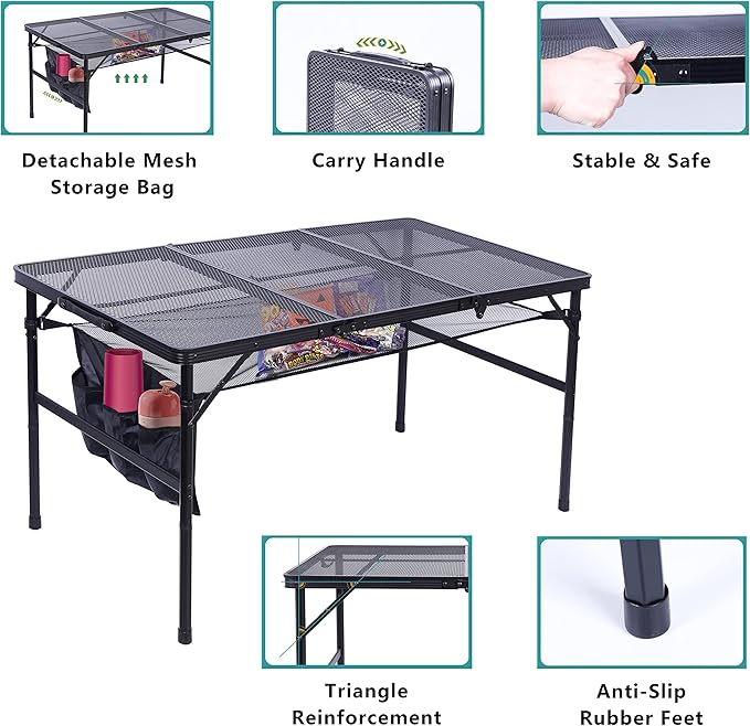 C Table for Grill, Outdoor Cooking & Picnic - Adjustable Height, Mesh Bag, Carry Handle (47.3' x 23.7' x 14.7'/24.2' Black)