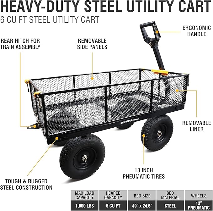 Olympia Tools Steel Garden Cart 1,000lbs 6-cu ft Utility Cart, Heavy Duty Wagon, with Removable Mesh Sides to Convert into Flatbed, Lawn and Utility Wagons Cart