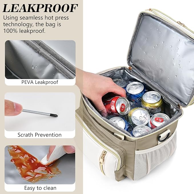 LOKASS Lunch Box for Women/Men-16L-Insulated Lunch Bag, Expandable Double-layer Leakproof Cooler Bag with Upgrade Adjustable Shoulder Strap Ideal for Work/Travel/Picnics（Beige&White）