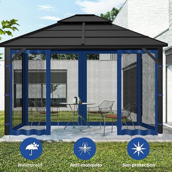 Gazebo Replacement Mosquito Netting Outdoor Universal Gazebo Canopy 4-Panels Screen Sidewalls with Zipper for Patio Garden (Navy Blue, 10x10)