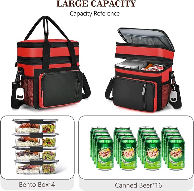 Lunch Box & Lunch Bag for Men Women, Large Insulated Adult Lunch Box, Leakproof Cooler Lunchbox with Bottle Opener for Work Picnic Beach, 16L, Red