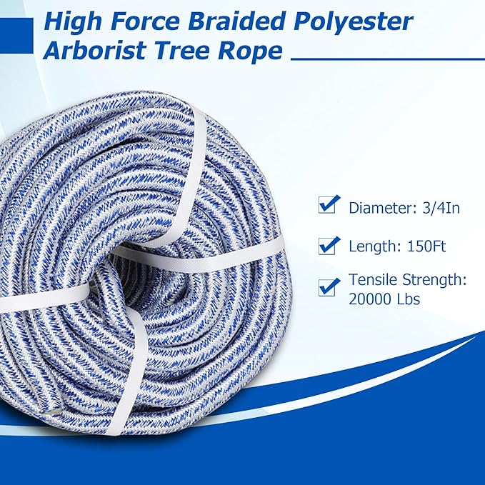 3/4 Inch x 150 Feet Double Braid Polyester Rope 20000Lbs Breaking Strength Strong Pulling Rope for Tree Work Camping Swings(Blue White)