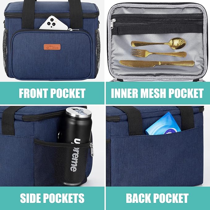 Insulated Lunch Bag for Women/Men - Reusable Lunch Box for Office Work School Picnic Beach - Leakproof Cooler Tote Bag Freezable Lunch Bag with Adjustable Shoulder Strap for Kids/Adult - Navy Blue
