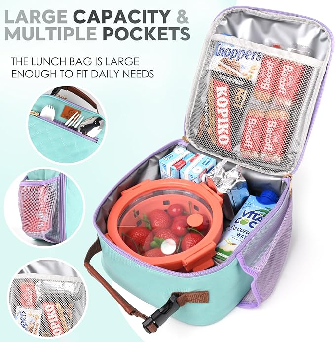 Lunch Box Reusable Lunch Bag for Men Women Kids Adults,Insulated Lunch Bag Waterproof LunchBox Cooler,Small LunchBox With Side Pockets for Work Office School Travel Picnic-Light Green