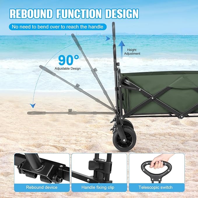 Beach Wagon,Collapsible Foldable Wagon Cart with Big Wheels,Utility Folding Grocery Lounge All Terrain Wagon with Side Pocket and Brakes for Sand Camping Sports Outdoor(Green).