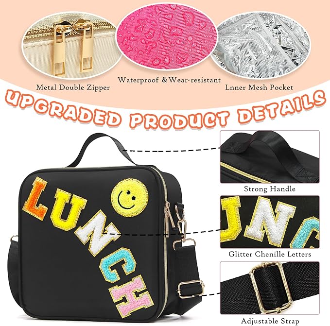 Insulated Lunch Bag Women Lunch Box Kids for Teen Girls Boys, Cute Preppy Lunch Boxes With Adjustable Shoulder Strap, Waterproof Nylon Lunchbox Lunch Bags for School Work Picnic (Black)