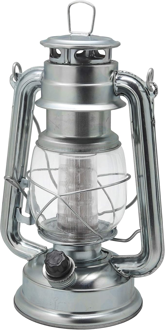YAKii LED Vintage Metal Hanging Hurricane Lantern - 12 LED Dimmer Switch, Cold White Battery Operated Lantern for Power Outage, Indoor Camping, Outdoor Decoration (Silver)