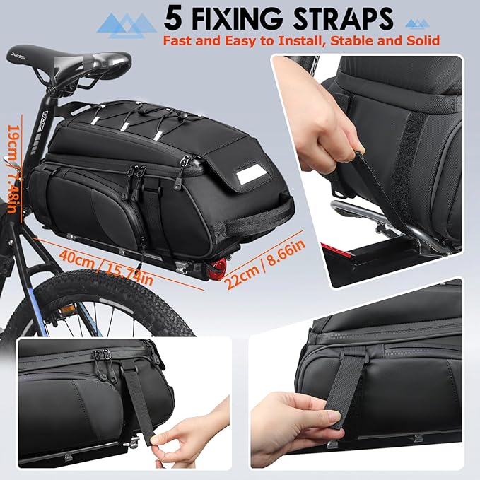 RAINSMORE Bike Bags for Bicycle Rear Rack 15L Waterproof Bike Ebike Trunk Pannier Saddle Bag with Rain Cover Bike Accessories Backpack Shoulder Bag for Commuter Travel Outdoor, Black