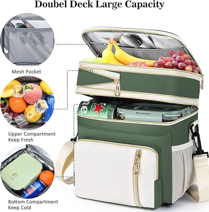 LOKASS Lunch Box for Women, 16L, Double Deck Expandable Insulated Lunch box For Adults/Women Thermal Large Waterproof Leakproof Cooler Bag with Shoulder Strap - Military Green