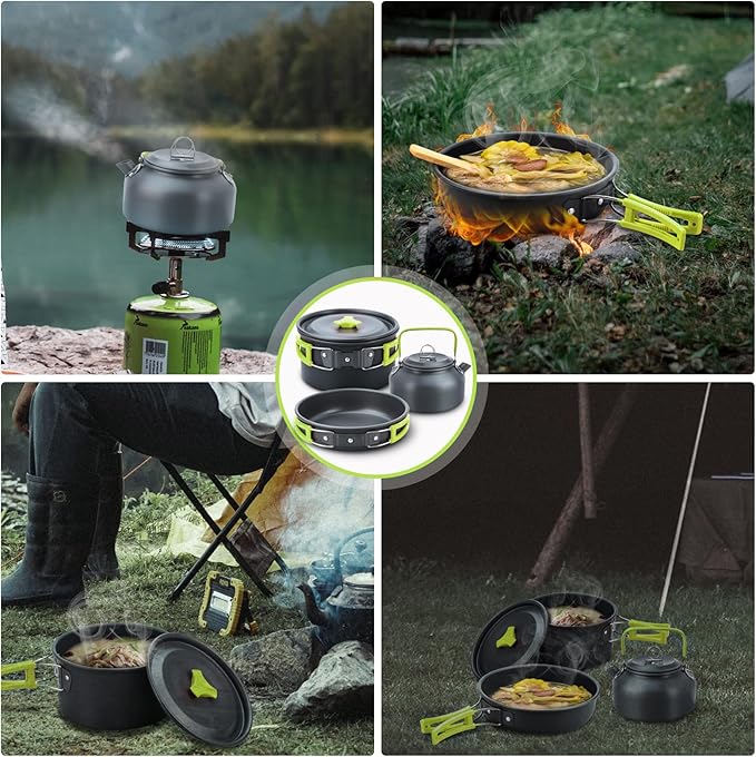 LIXADA 16pcs Camping Cookware Mess Kit, Non-Stick Lightweight Pot Pan Kettle Set with Stainless Steel Plates Forks Knives Spoons, Portable Camping Cooking Set for Outdoor Backpacking Hiking Picnic