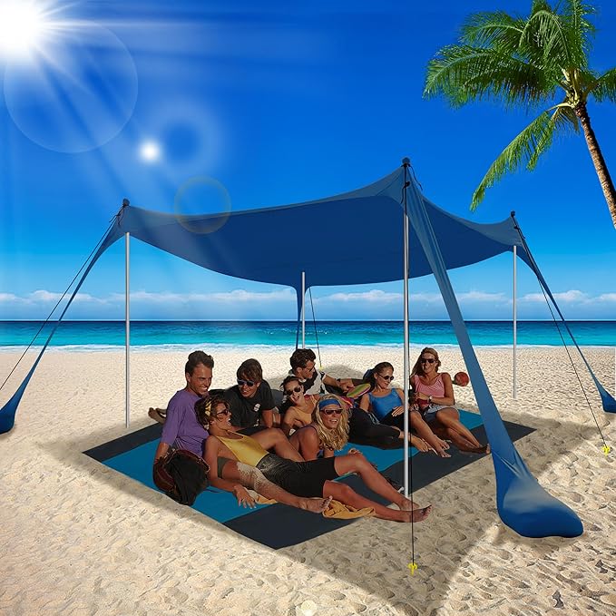 BOTINDO Family Beach Tent Canopy Sun Shade, Pop Up Grande Beach Tent Sun Shelter Stability 4 Poles with Portable Carry Bag Outdoor Shade for Fishing Backyard Camping