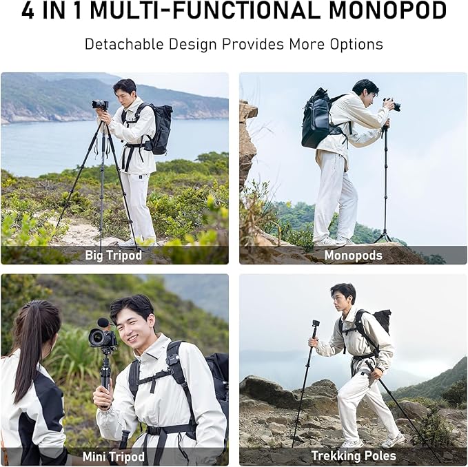 ULANZI TT35 57.48" Camera Monopod Tripod Carbon Fiber, 5 in 1 Multifunction DSLR Cam Travel Tripod Stand Lightweight Portable 360°Ball Head Detachable Trekking Poles