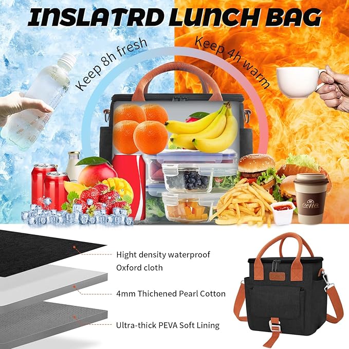 Joymee Insulated Lunch Bag for Women/Men, Waterproof Lunch Box for Office Work Picnic Beach, Reusable Large Leakproof Cooler Tote Bag with Adjustable Shoulder Strap & Side Pocket, Black
