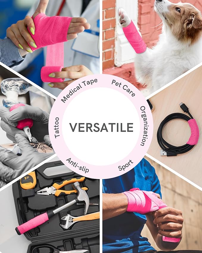 FriCARE Self Adhesive Bandage Wrap, Medical Tape in First Aid Kit, Cohesive Bandages for Wounds Sport Vet, FSA/HSA Eligible, 2 Inches X 5 Yards 6 Rolls, Pink